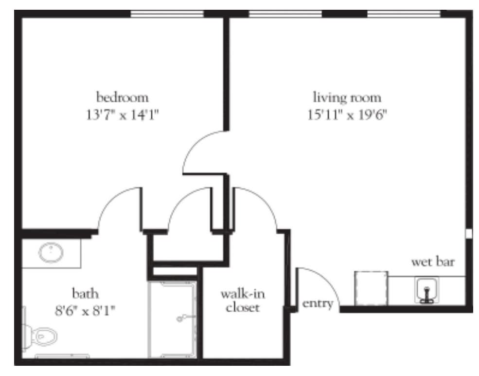 A floor plan of a one-bedroom apartment featuring a living room, bedroom, walk-in closet, and bathroom.