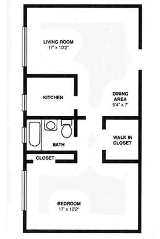 A floor plan of an apartment showing a living room, kitchen, bathroom, closets, and a dining area.