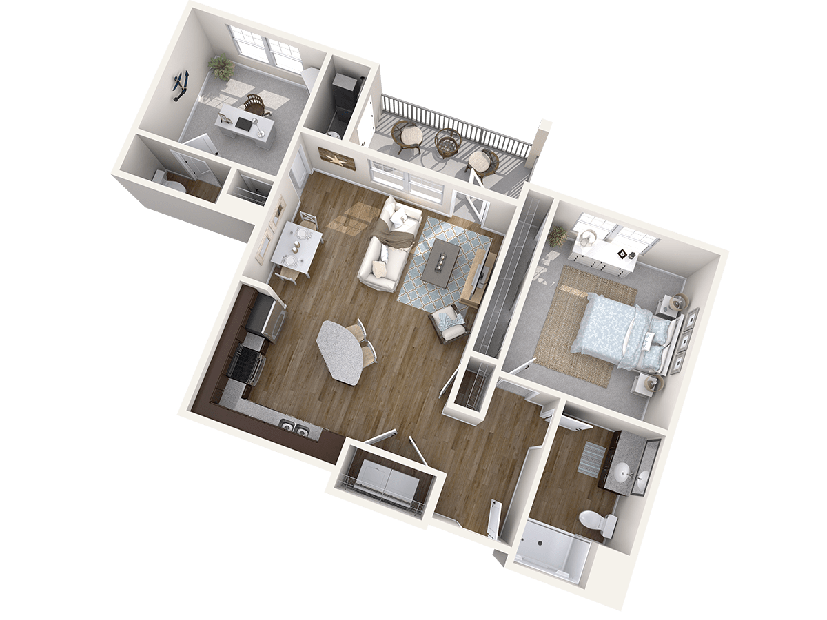 A 3D floor plan of a modern apartment featuring a living room, bedroom, kitchen, and bathroom.