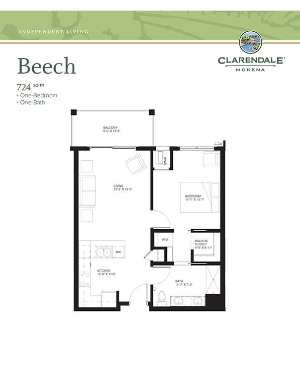 Floor plan of the Beech model apartment at Clarendale Woods.