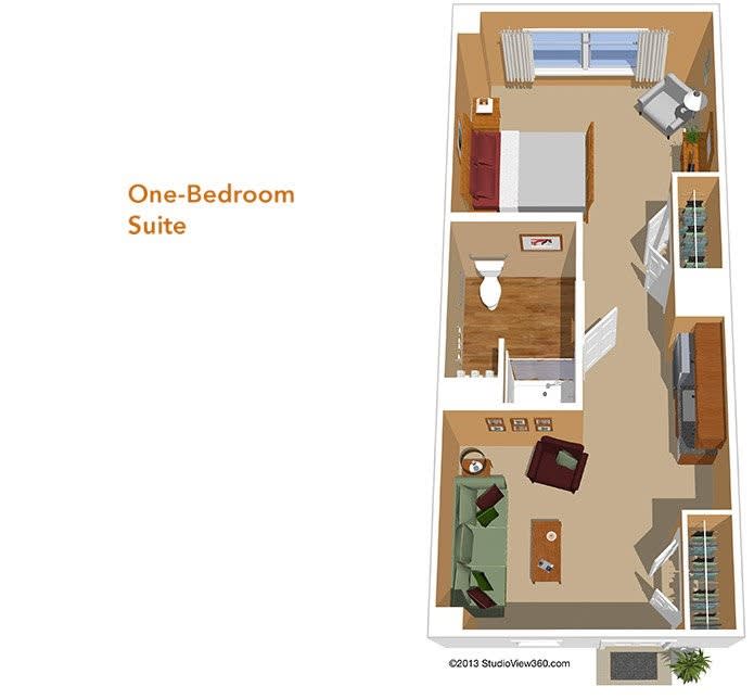A floor plan of a one-bedroom suite showing the layout and arrangement of furniture.