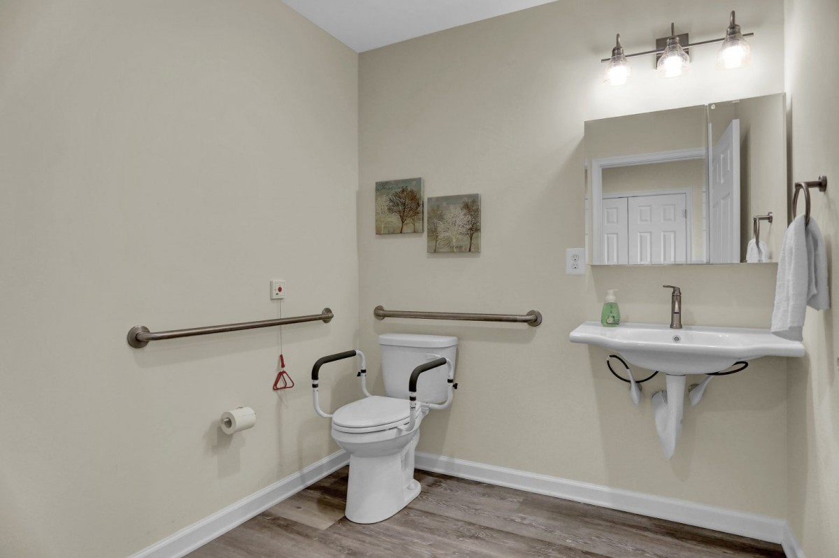 A modern and accessible bathroom featuring grab bars, a toilet, and a sink with stylish decor.
