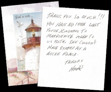 A thank you card with a handwritten note alongside an illustration of a lighthouse.