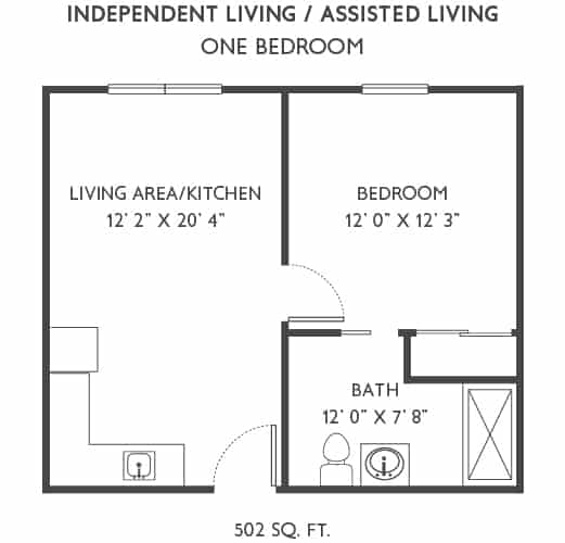 Floor plan of a one-bedroom apartment designed for independent or assisted living.