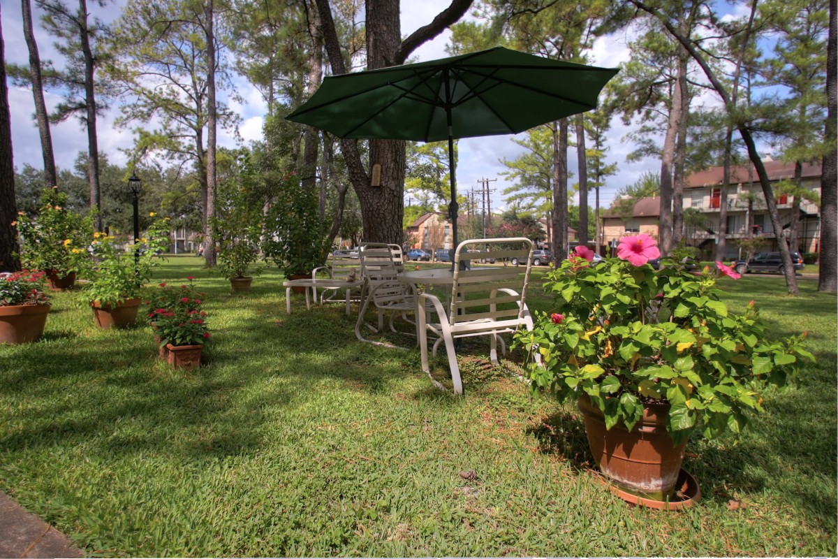 An inviting garden setup with outdoor seating under a large umbrella, surrounded by lush greenery and vibrant flowers.