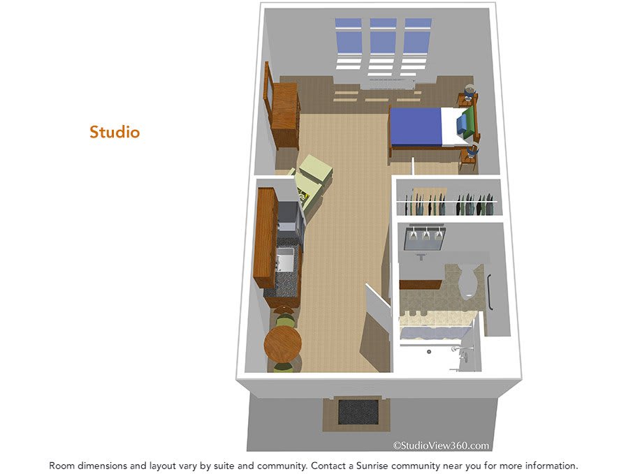 A 3D floor plan of a studio apartment showcasing a compact living space with essential furniture and amenities.