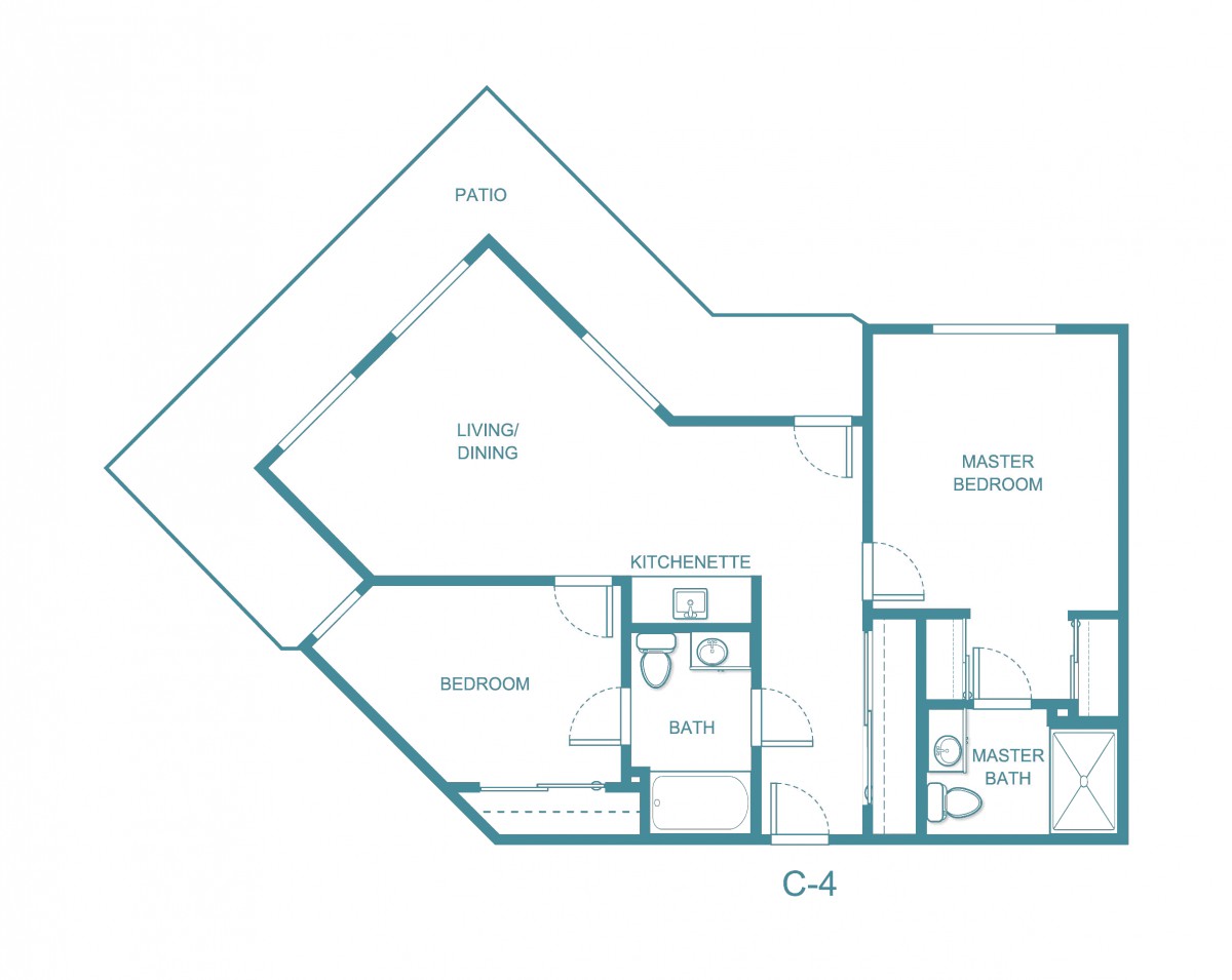 A blueprint of a modern apartment floor plan, featuring two bedrooms, a living/dining area, and utility spaces.