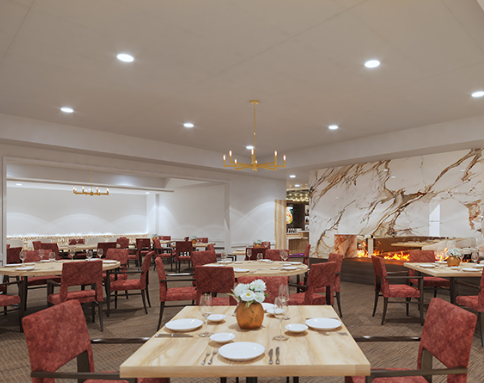 An elegant and spacious dining area featuring contemporary decor and comfortable seating.
