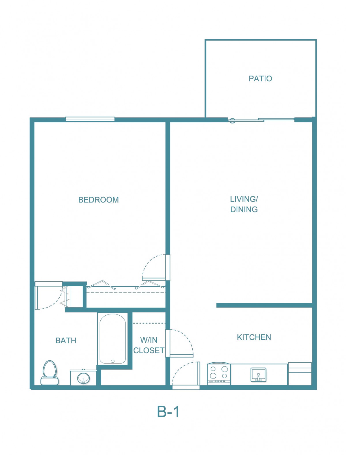 This image shows a floor plan of a one-bedroom apartment, featuring a living room, kitchen, bathroom, and balcony.