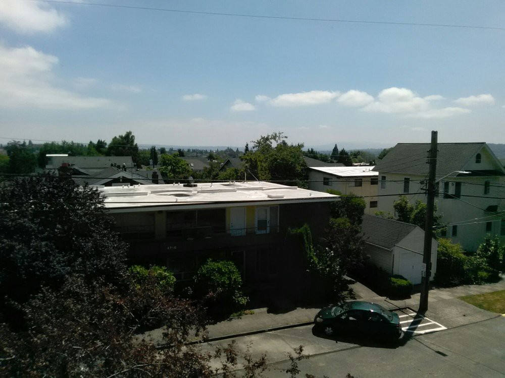 A sunny view of a residential neighborhood with houses, trees, and parked cars.