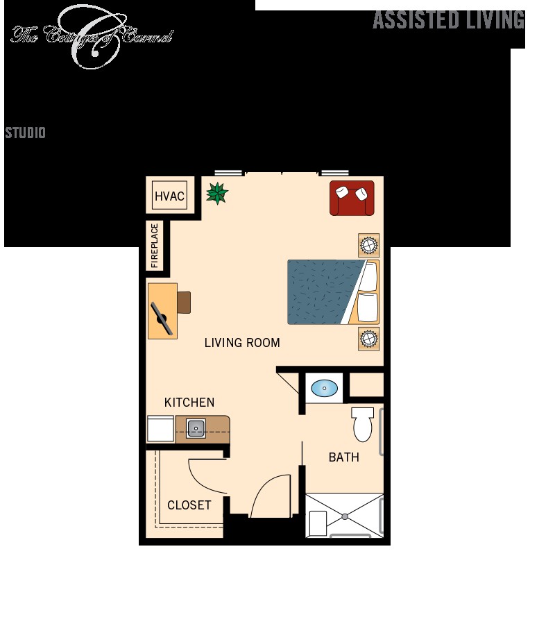Studio apartment floor plan with living area, kitchen, and bathroom.