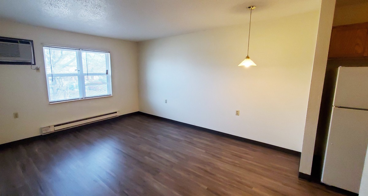 An empty living room with wood flooring, a window, and a hanging light fixture.