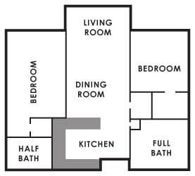 Floor plan layout showing living room, dining room, kitchen, bedrooms, and bathrooms.