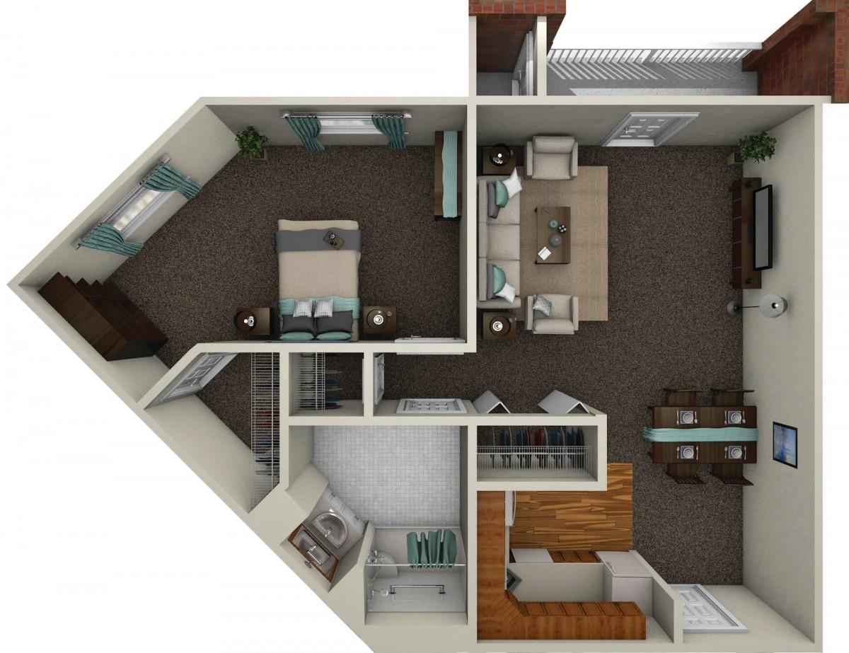 3D rendering of an apartment floor plan featuring a bedroom, kitchen, and living room.