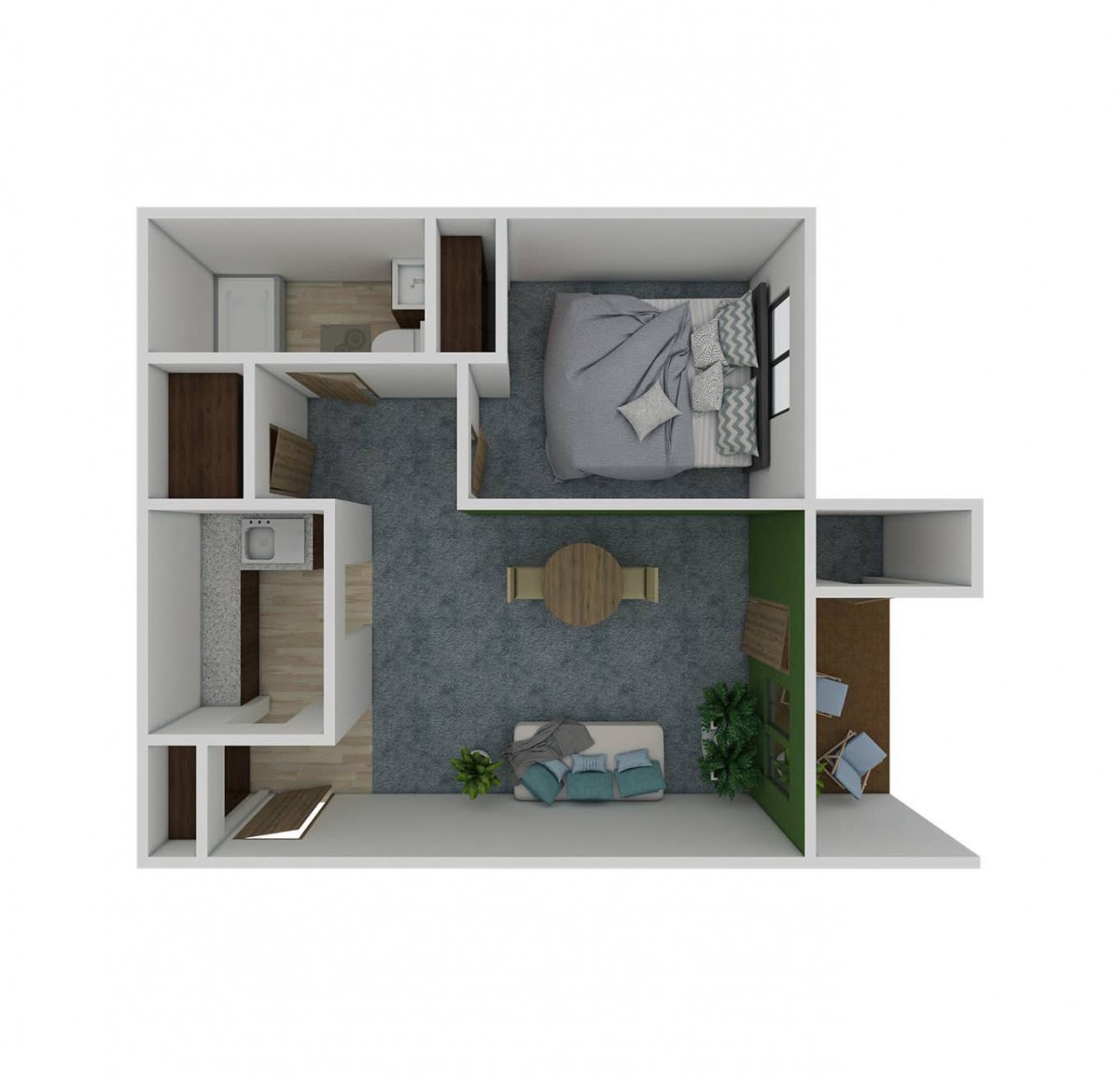 3D floor plan of a one-bedroom apartment with an open living area.