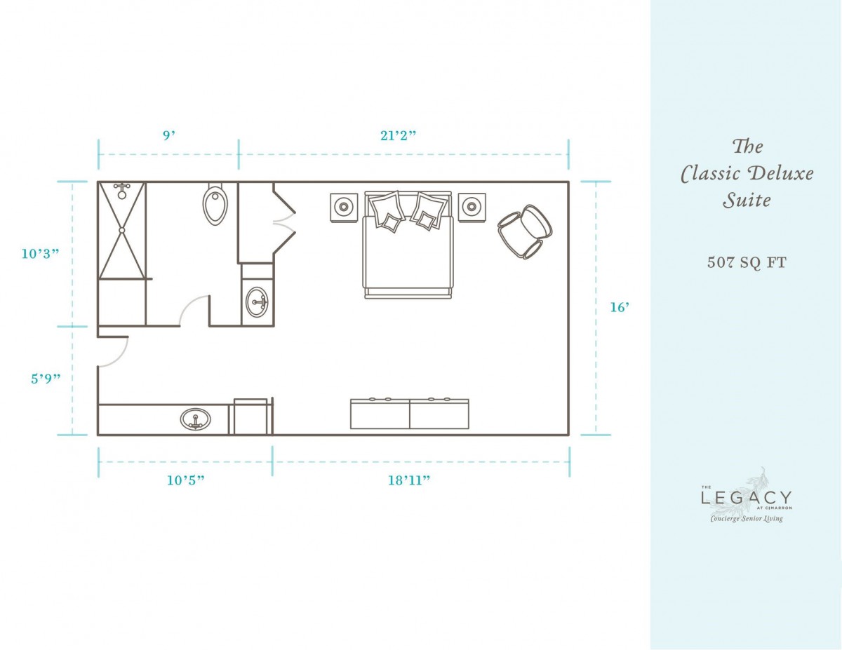A floor plan layout of a tiny home with dimensions and interior features.