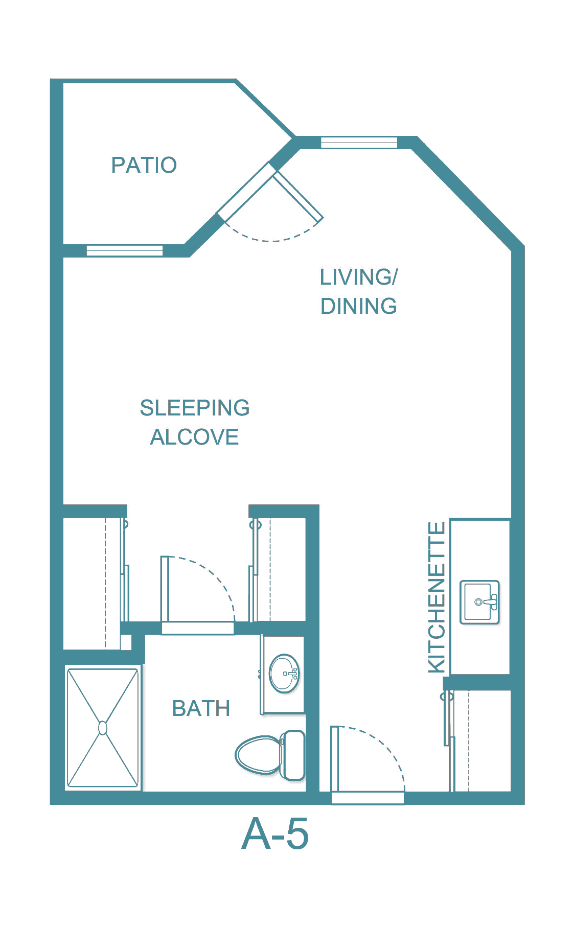 Studio apartment floor plan featuring a living/dining area, sleeping alcove, bath, and kitchenette.