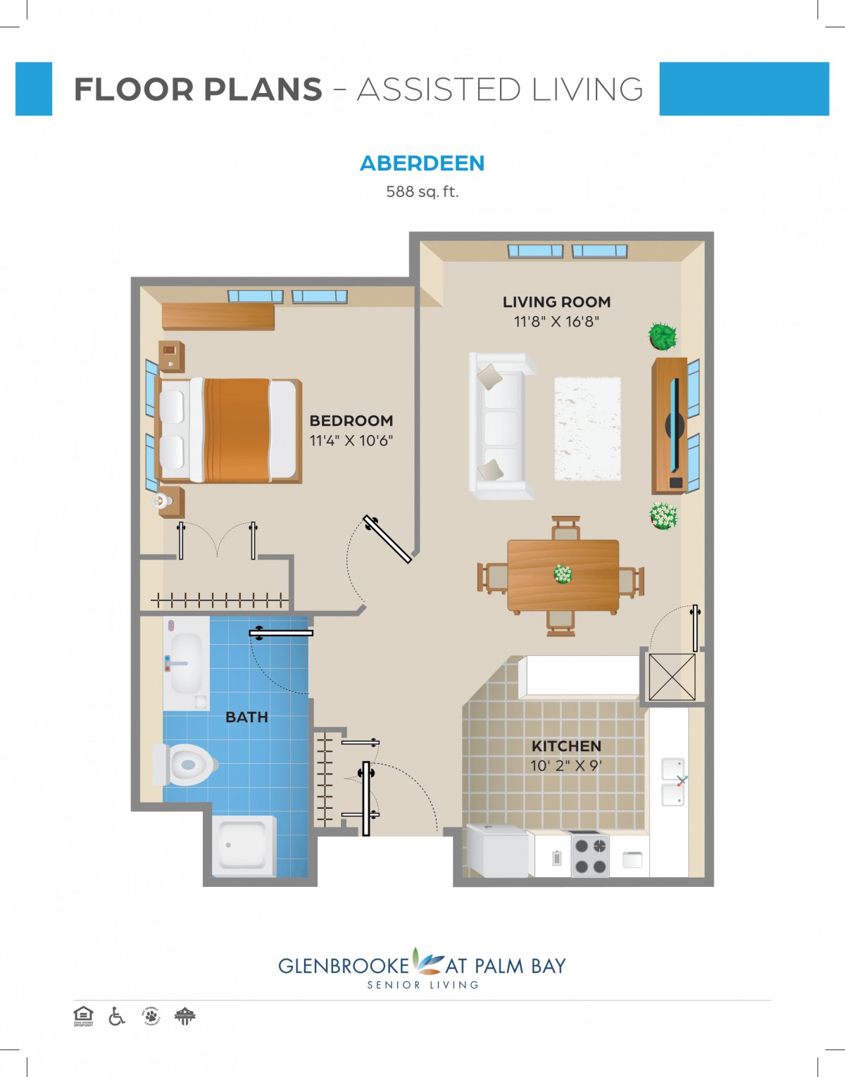 A floor plan of a one-bedroom apartment featuring a living room, kitchen, and bathroom.