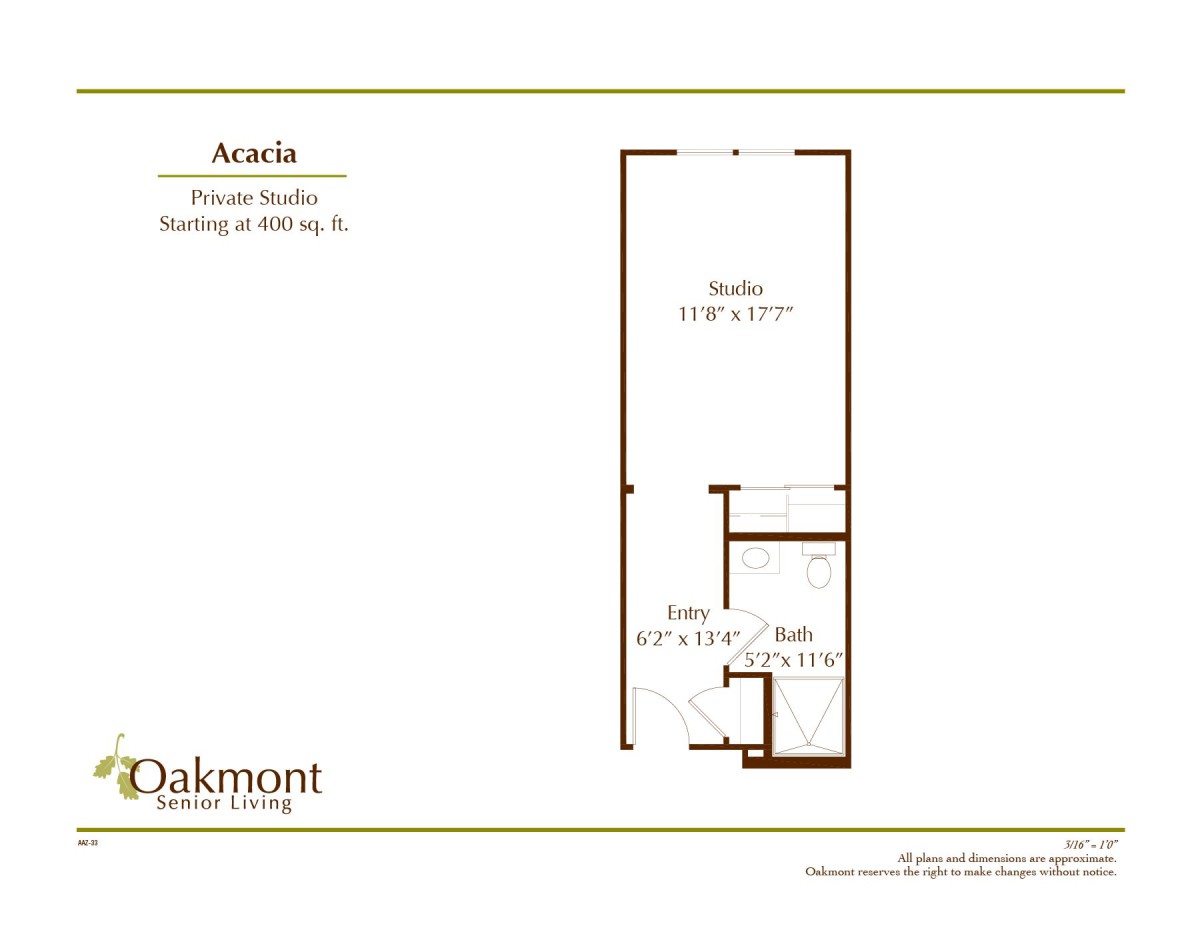 Studio apartment layout with dimensions.