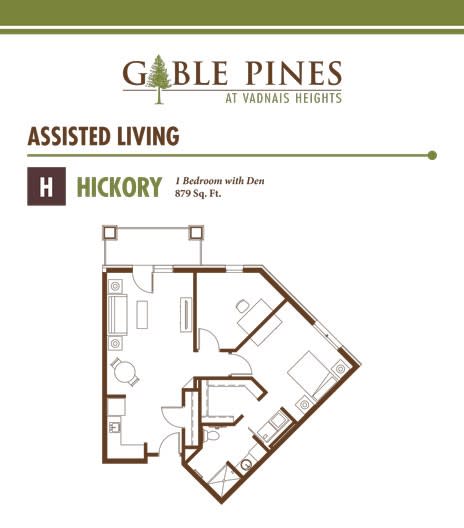 A floor plan of the Hickory apartment in Gable Pines Assisted Living, featuring one bedroom and spanning 875 square feet.