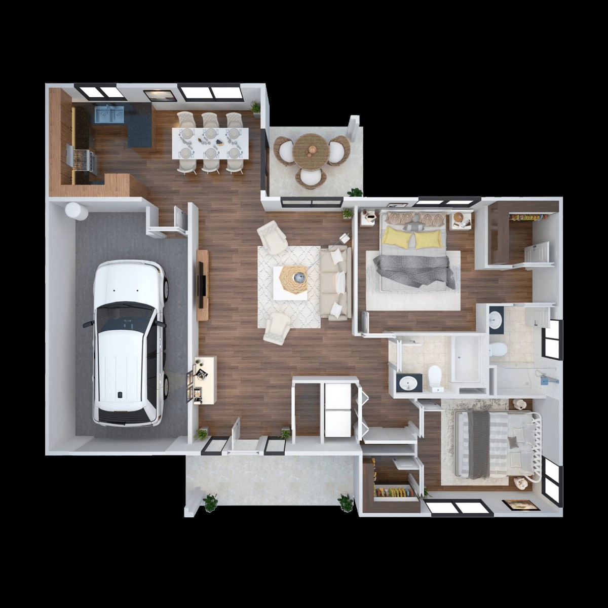 A 3D floor plan of a single-story home with a garage, living room, dining area, kitchen, and two bedrooms.