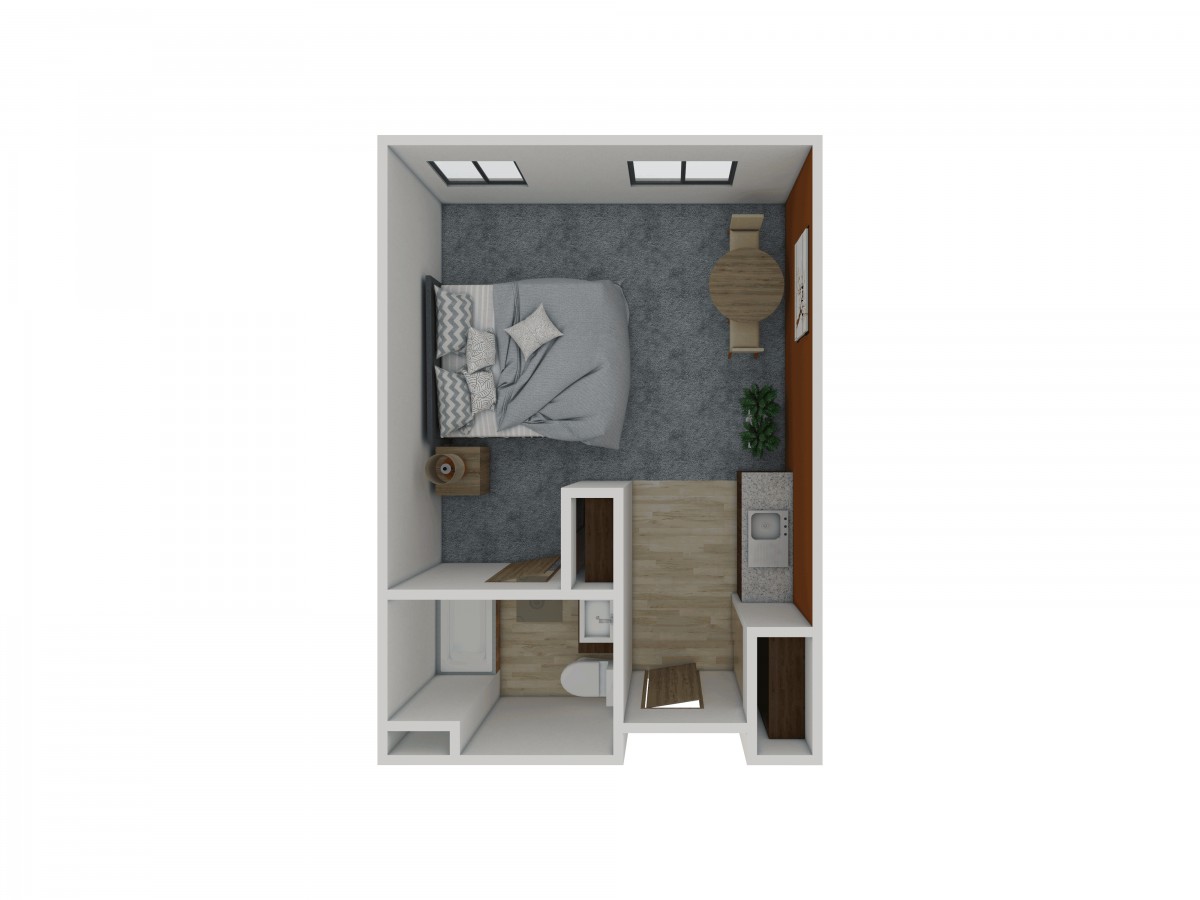Overhead view of a small bedroom layout with modern furnishings.