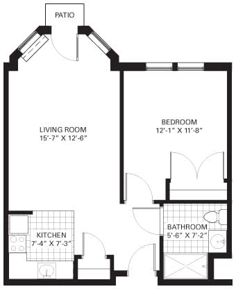 A floor plan of a one-bedroom apartment with living room, kitchen, and bathroom.