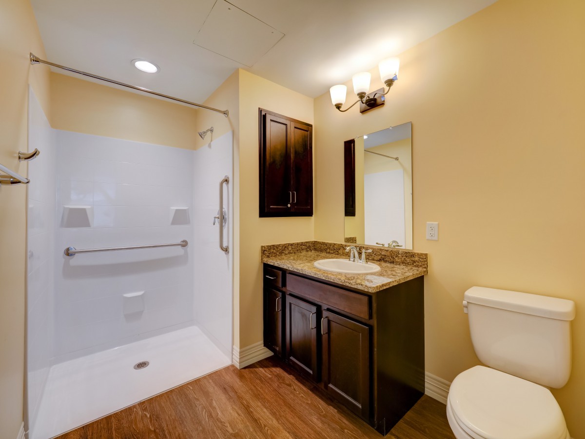 Modern bathroom with a shower, vanity, and toilet.
