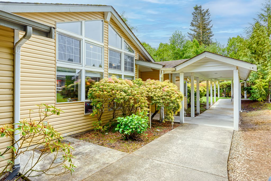 A sunny view of a house exterior with a driveway and well-maintained landscaping.