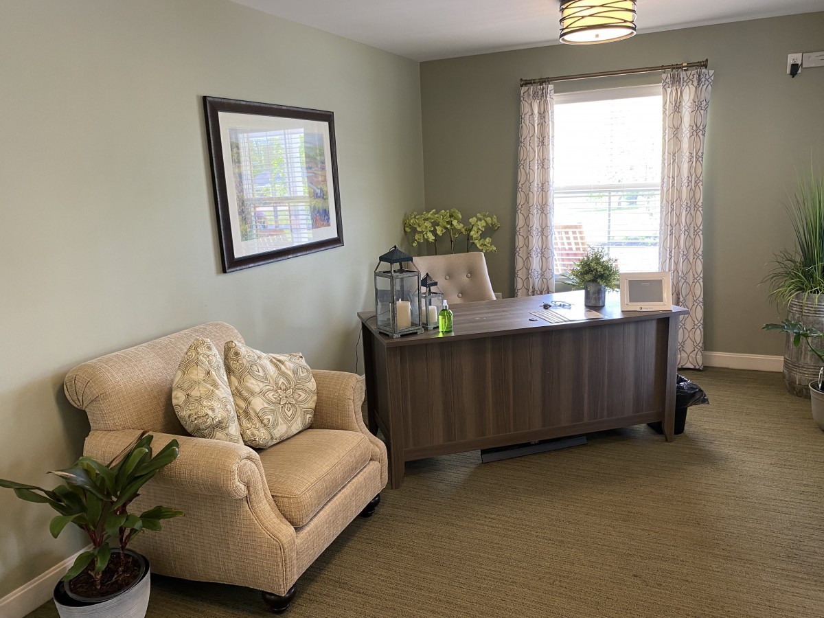 A cozy office space with a desk, chair, and sofa, complemented by plants and a window.