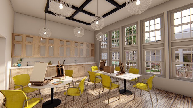 A modern cafe interior with bright yellow chairs and large windows letting in natural light.