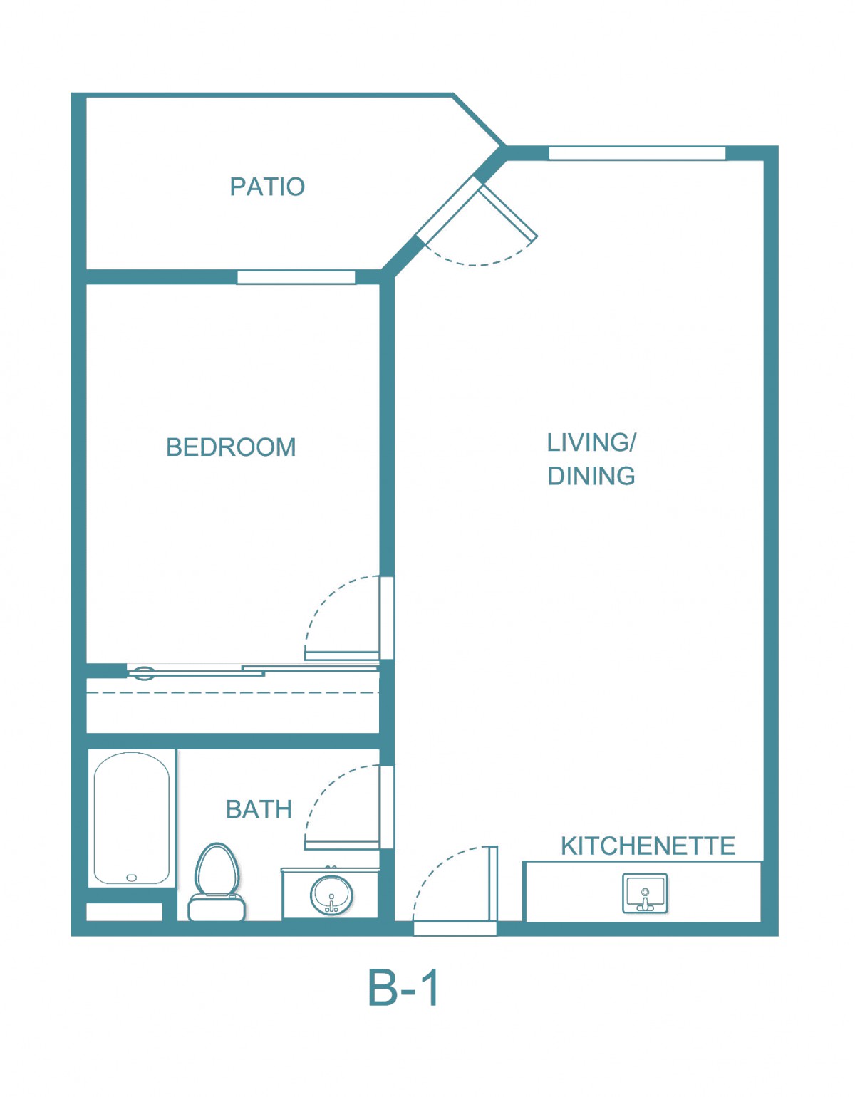 One-bedroom apartment floor plan with living/dining area, kitchenette, bathroom, and patio.