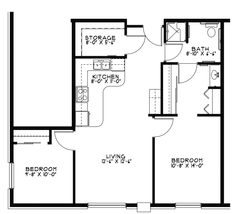 A floor plan of an apartment showing the layout of rooms, including two bedrooms, a living area, kitchen, and bathroom.