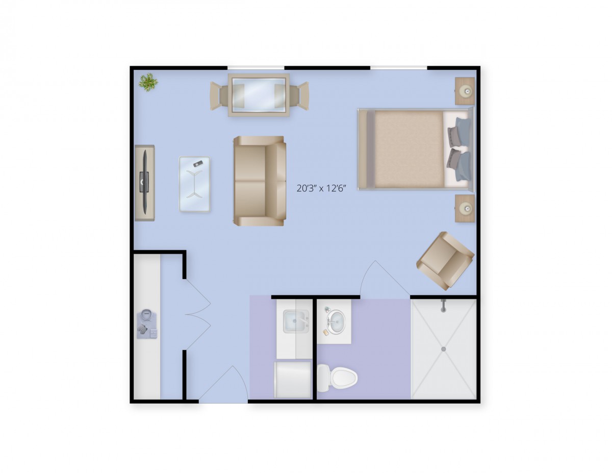 Floor plan of a one-bedroom apartment with designated living, sleeping, and bathroom areas.