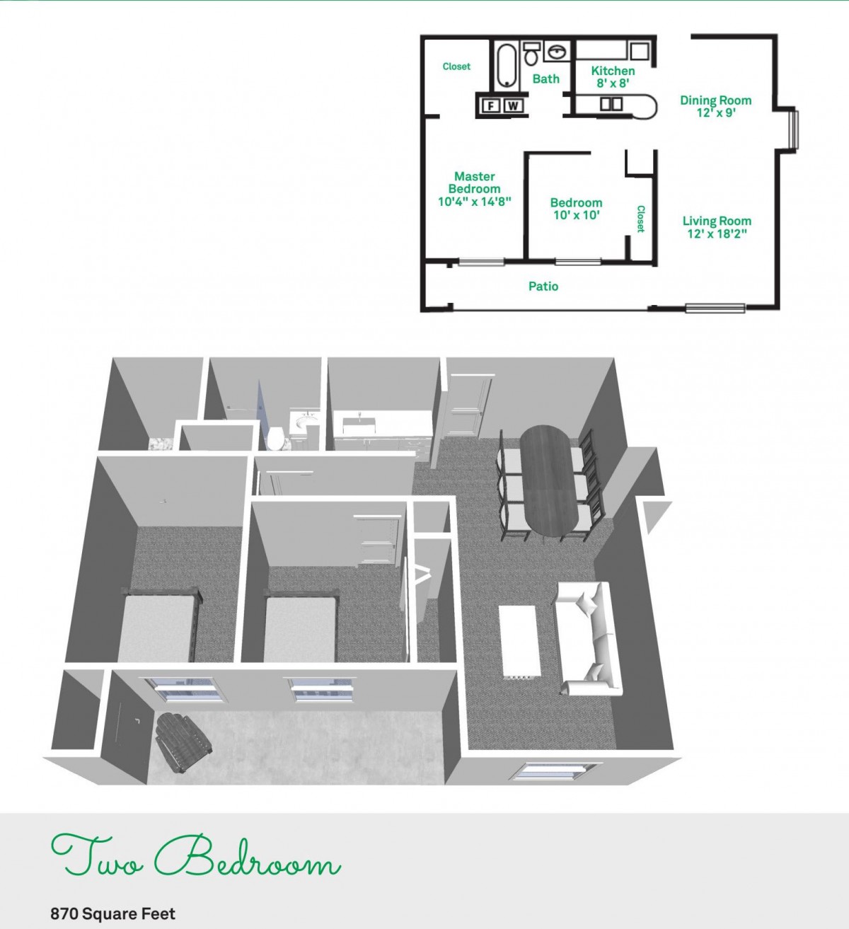 A two-bedroom apartment floor plan featuring both a 2D layout and a 3D model.