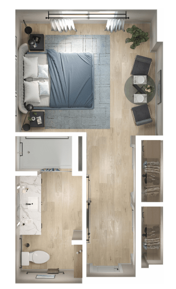A top view of a modern bedroom floor plan featuring a bed, seating area, and adjacent bathroom.