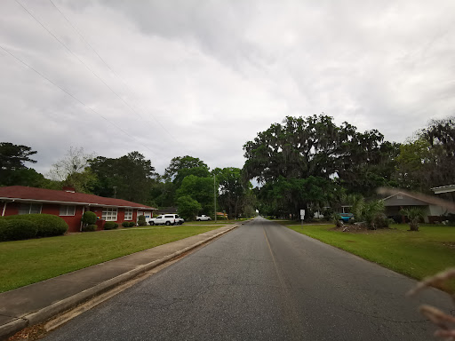 A peaceful residential street under a cloudy sky.