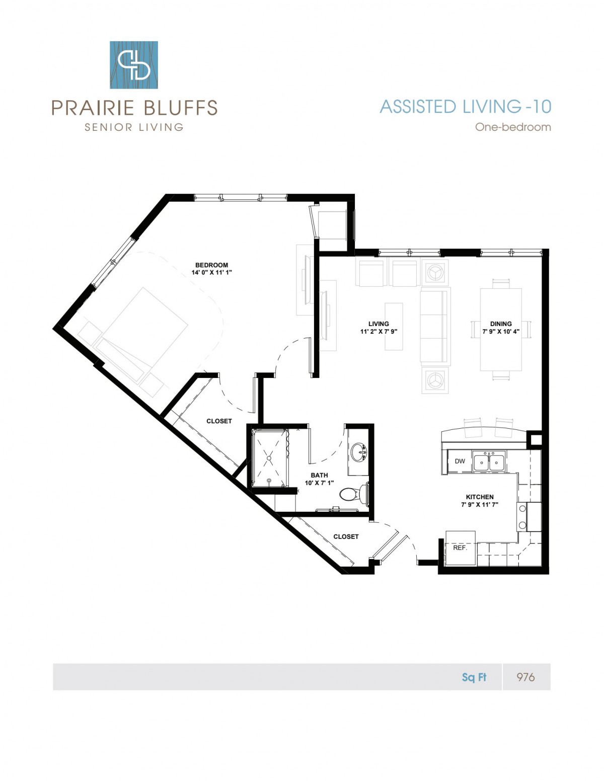 A detailed floor plan of a residential apartment from Prairie Bluffs, showcasing the layout and room arrangement.
