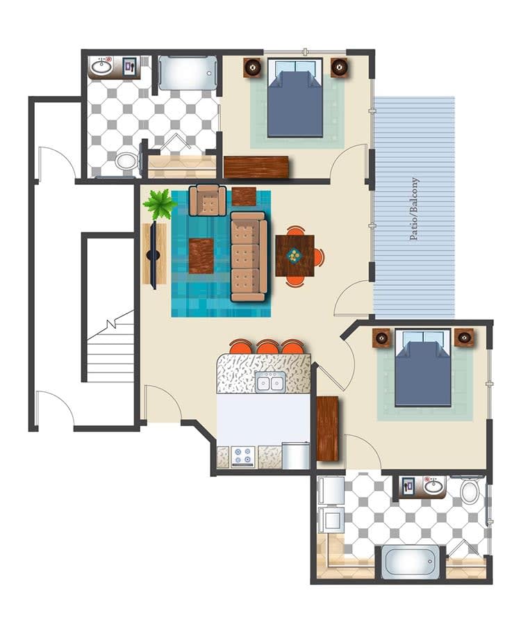 This image depicts a floor plan of an apartment, showcasing the arrangement of rooms including bedrooms, bathrooms, and living spaces.