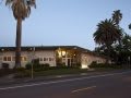 A building with illuminated windows at dusk surrounded by palm trees.