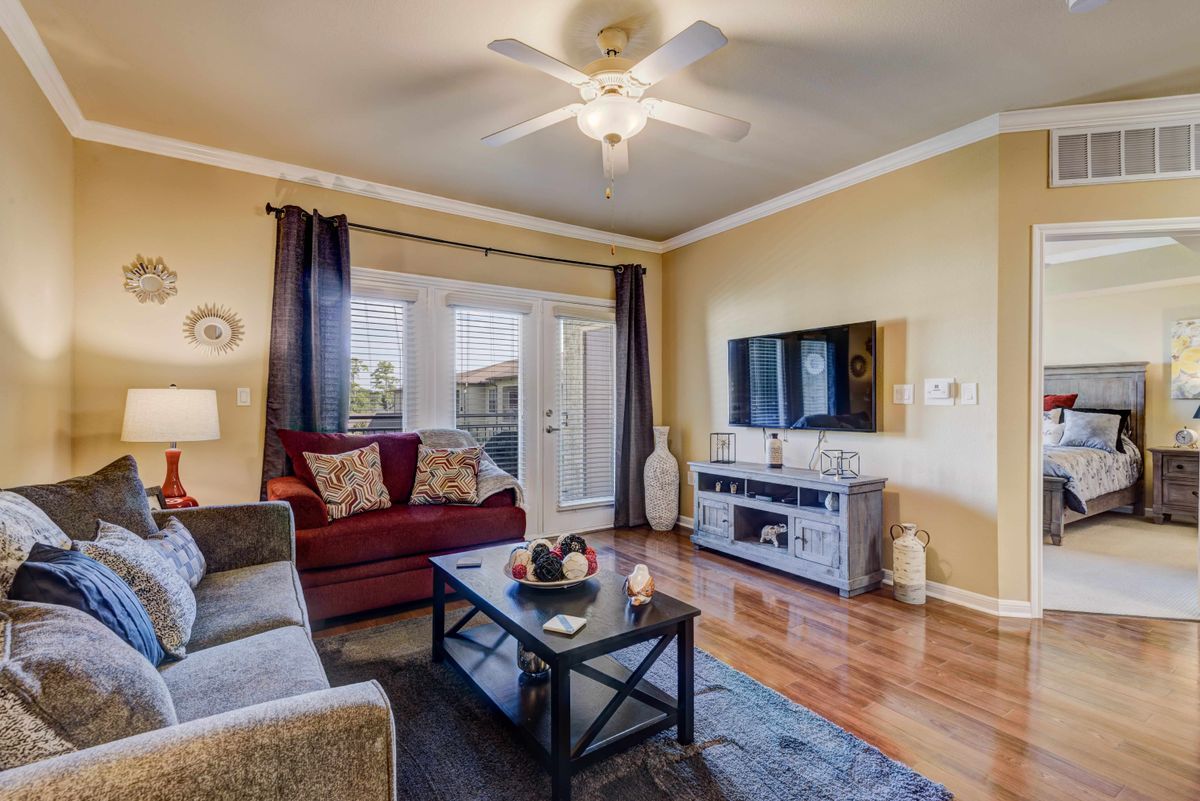 A cozy and well-lit living room with modern furniture and decor.