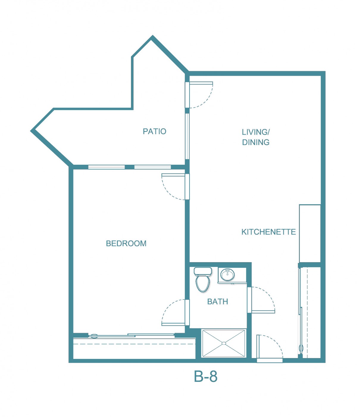A floor plan of a one-bedroom apartment showing the arrangement of rooms including a bedroom, living/dining area, kitchen, patio, and bathroom.