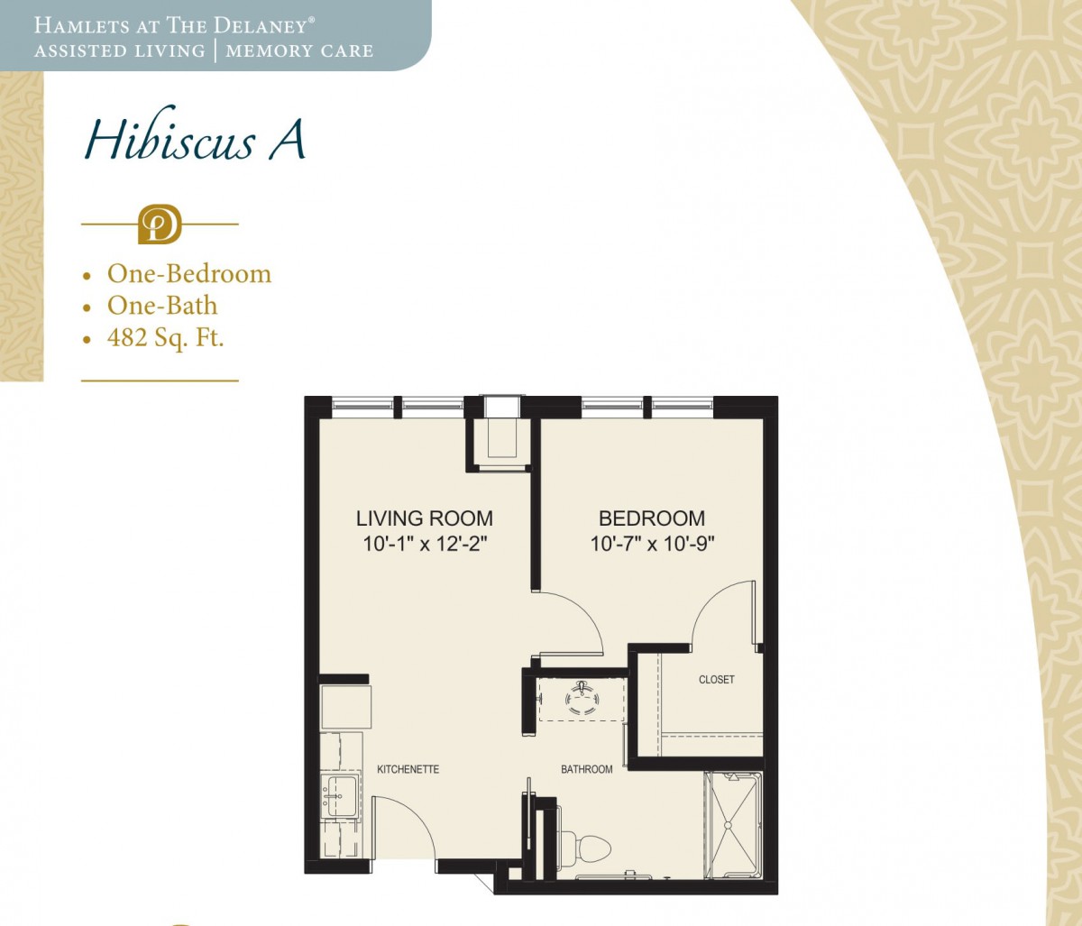 A floor plan for a one-bedroom apartment with a living room and bathroom.