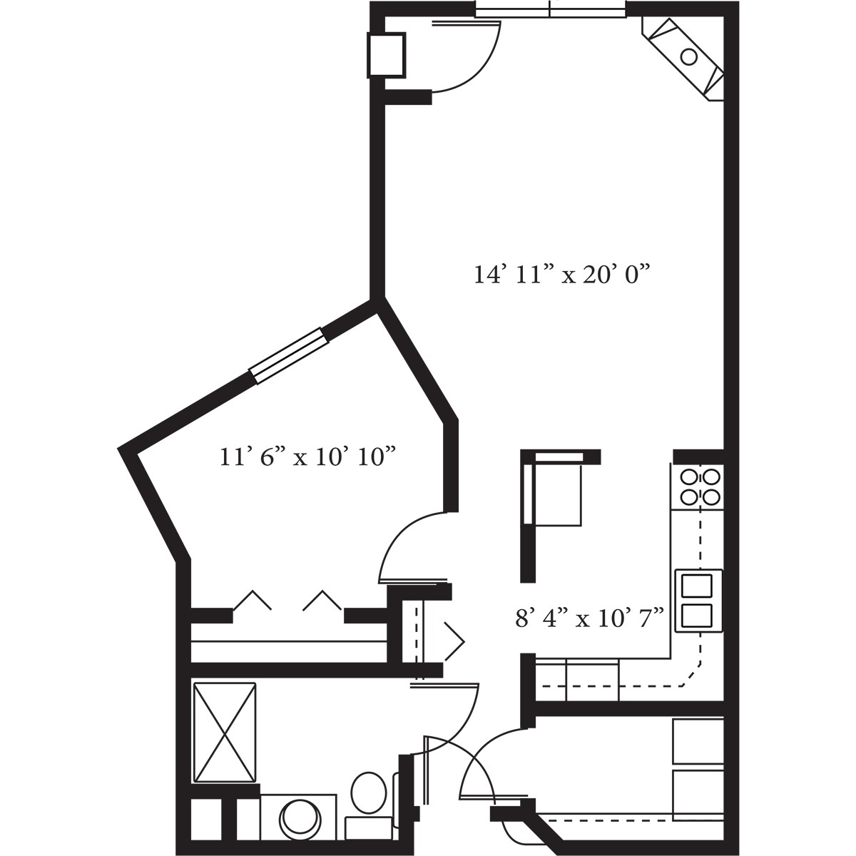 A detailed floor plan of an apartment featuring a living area, kitchen, and bathroom.