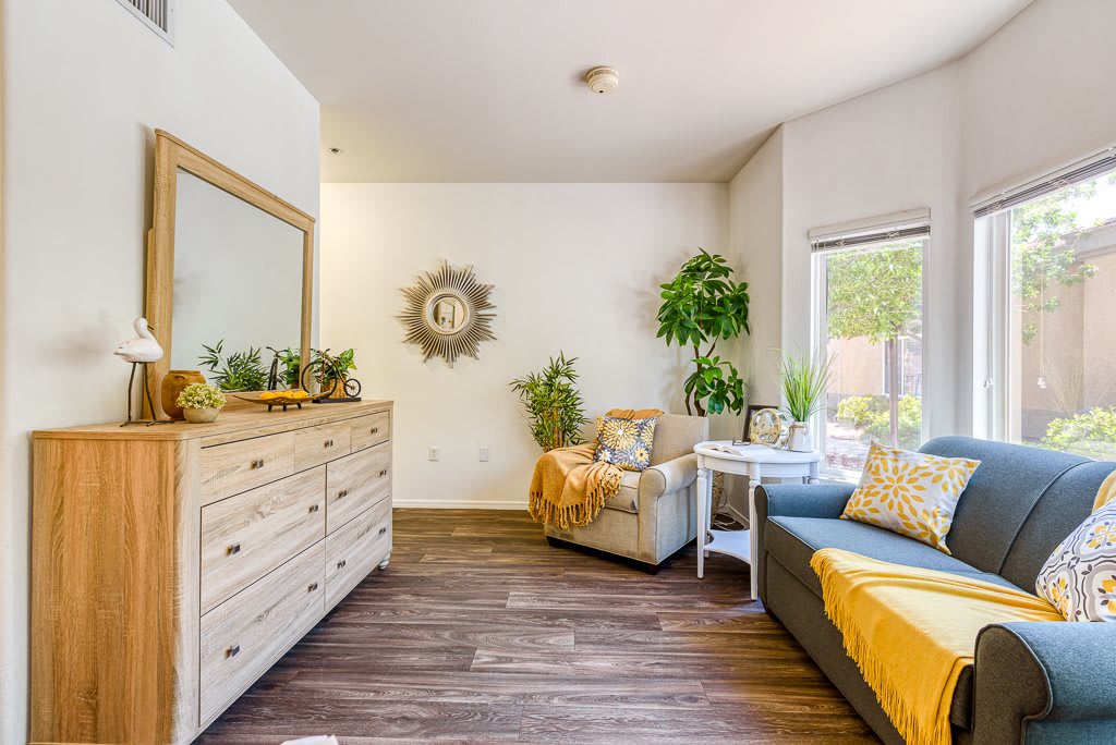 A cozy living room with modern furniture, abundant natural light, and vibrant green plants.