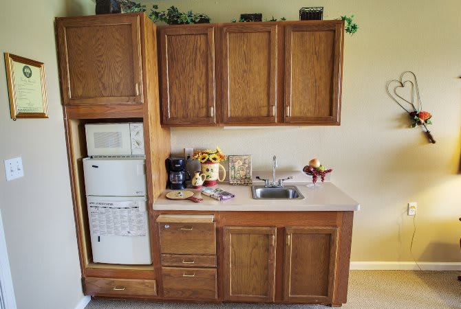A compact kitchen setup with wooden cabinets, a countertop, and small appliances.