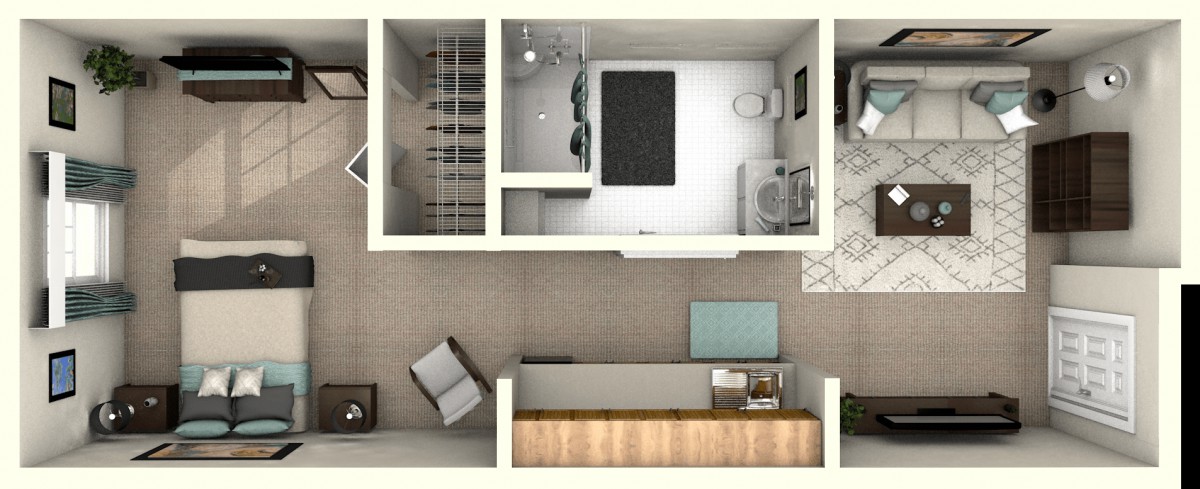 A compact floor plan featuring a bathroom and an office space.