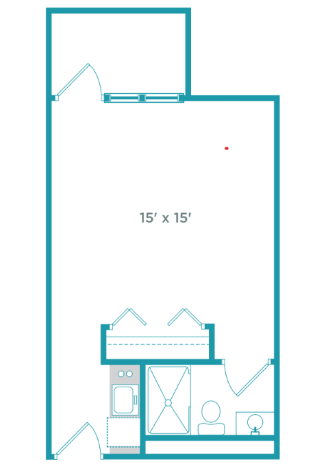 A schematic floor plan illustrating a 15' x 15' room design with door and window placements.