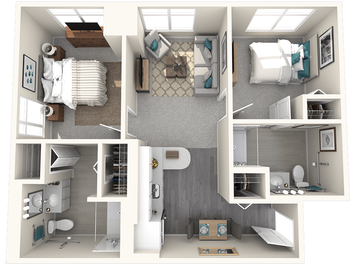A 3D floor plan of a modern two-bedroom apartment featuring a living room, kitchen, and bathroom.