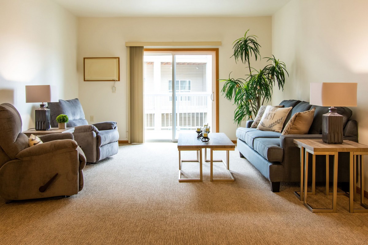 A cozy, well-lit living room with sofas, a coffee table, and green plants by a sliding door.